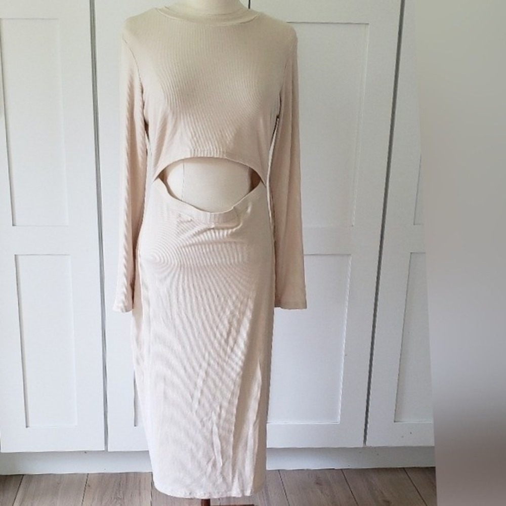 Cutout Midi Dress Womens XL Beige Ribbed Long Sleeve Bodycon Chic